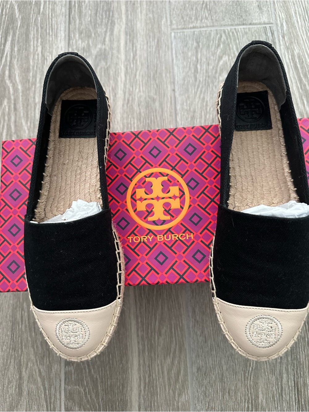 Tory Burch Black Canvas Espadrilles with Cream Toe Cap